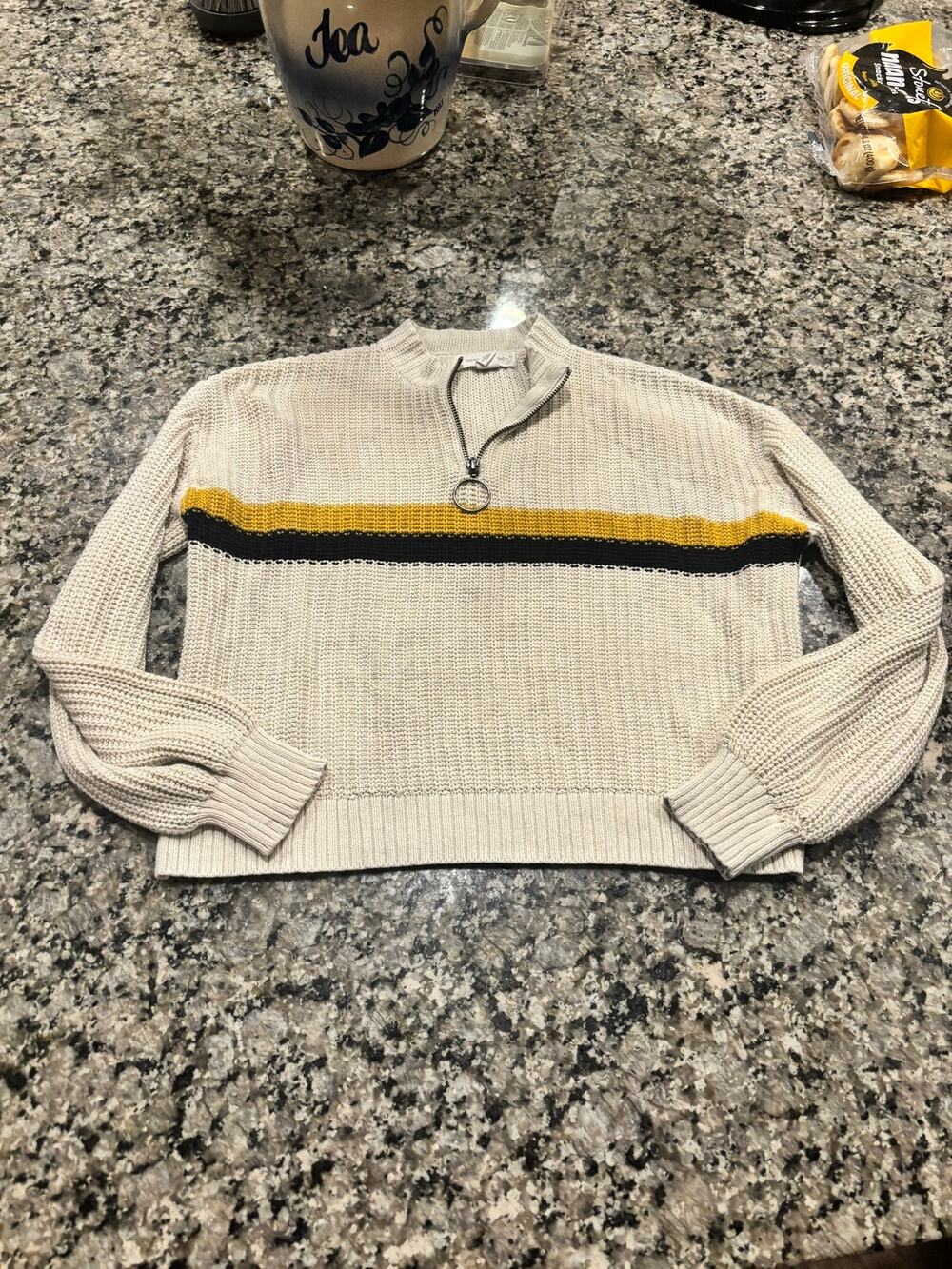 Treasure & Bond Ivory Knit 1/4 Zip Stripe Crop Sweater Size M